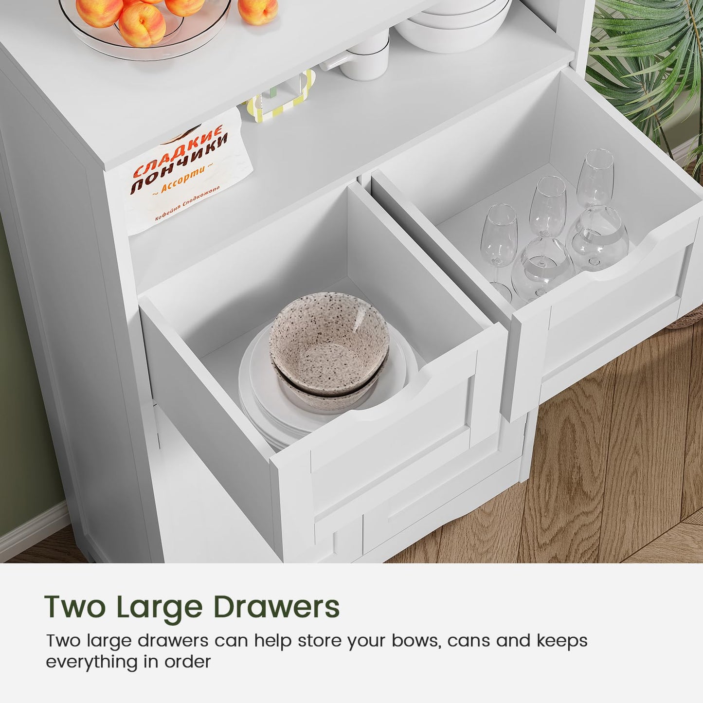 USIKEY Large Storage Cabinet, Rattan Cabinet with 2 Drawers & 2 Shelves, Cupboard, Floor Cabinet for Living Room, Home Office