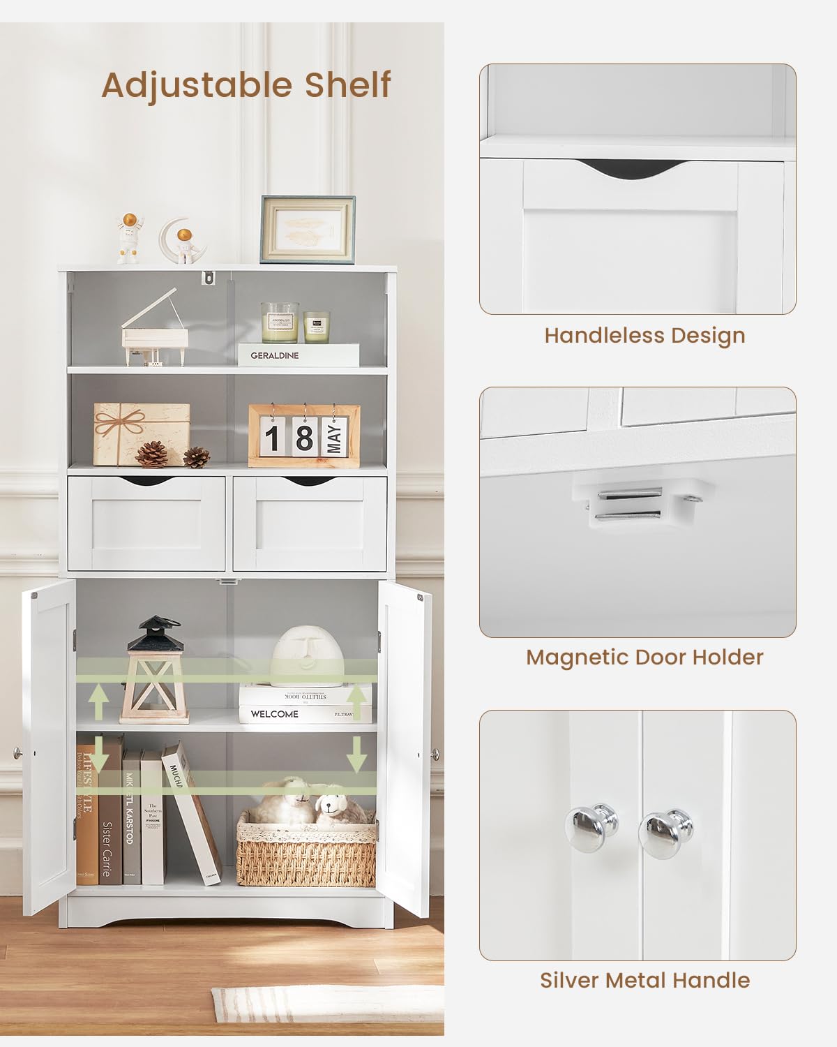 USIKEY Tall Bathroom Cabinet, Storage Cabinet with 2 Drawers & Adjustable Shelves, Bathroom Storage Cabinet for Living Room, Dining Room, Entryway