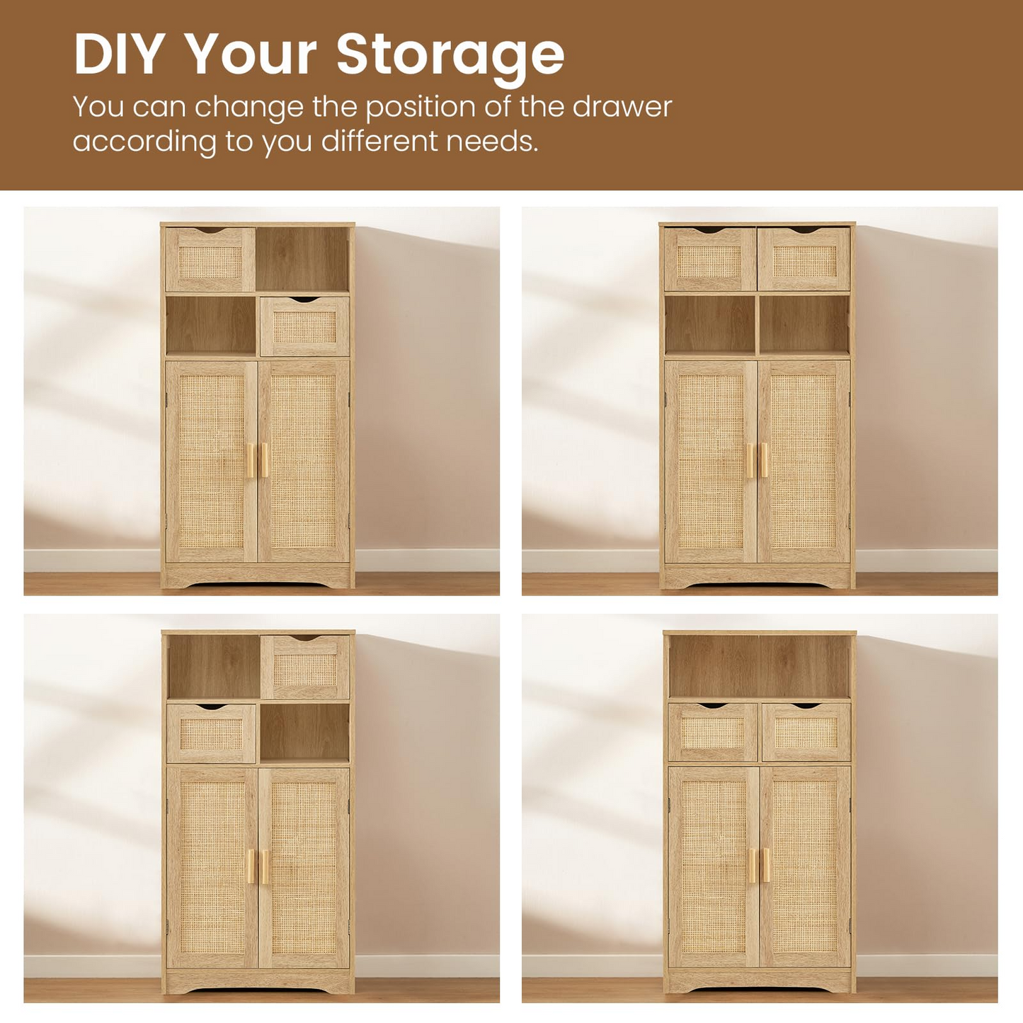 USIKEY Large Storage Cabinet, Rattan Cabinet with 2 Drawers & 2 Shelves, Cupboard, Floor Cabinet for Living Room, Home Office