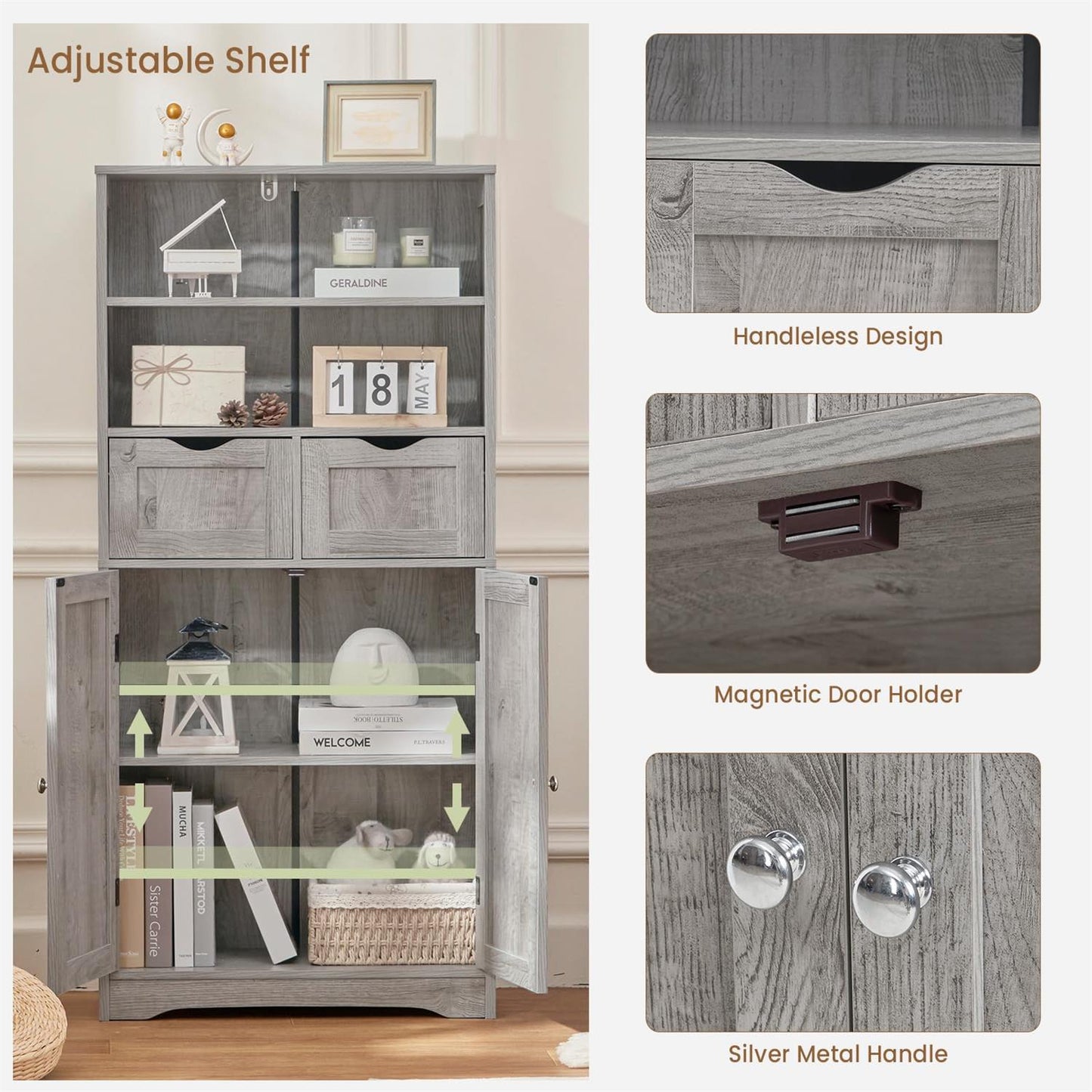 USIKEY Tall Bathroom Cabinet, Storage Cabinet with 2 Drawers & Adjustable Shelves, Bathroom Storage Cabinet for Living Room, Dining Room, Entryway