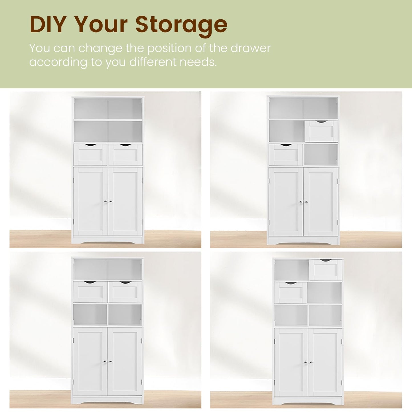 USIKEY Tall Bathroom Cabinet, Storage Cabinet with 2 Drawers & Adjustable Shelves, Bathroom Storage Cabinet for Living Room, Dining Room, Entryway