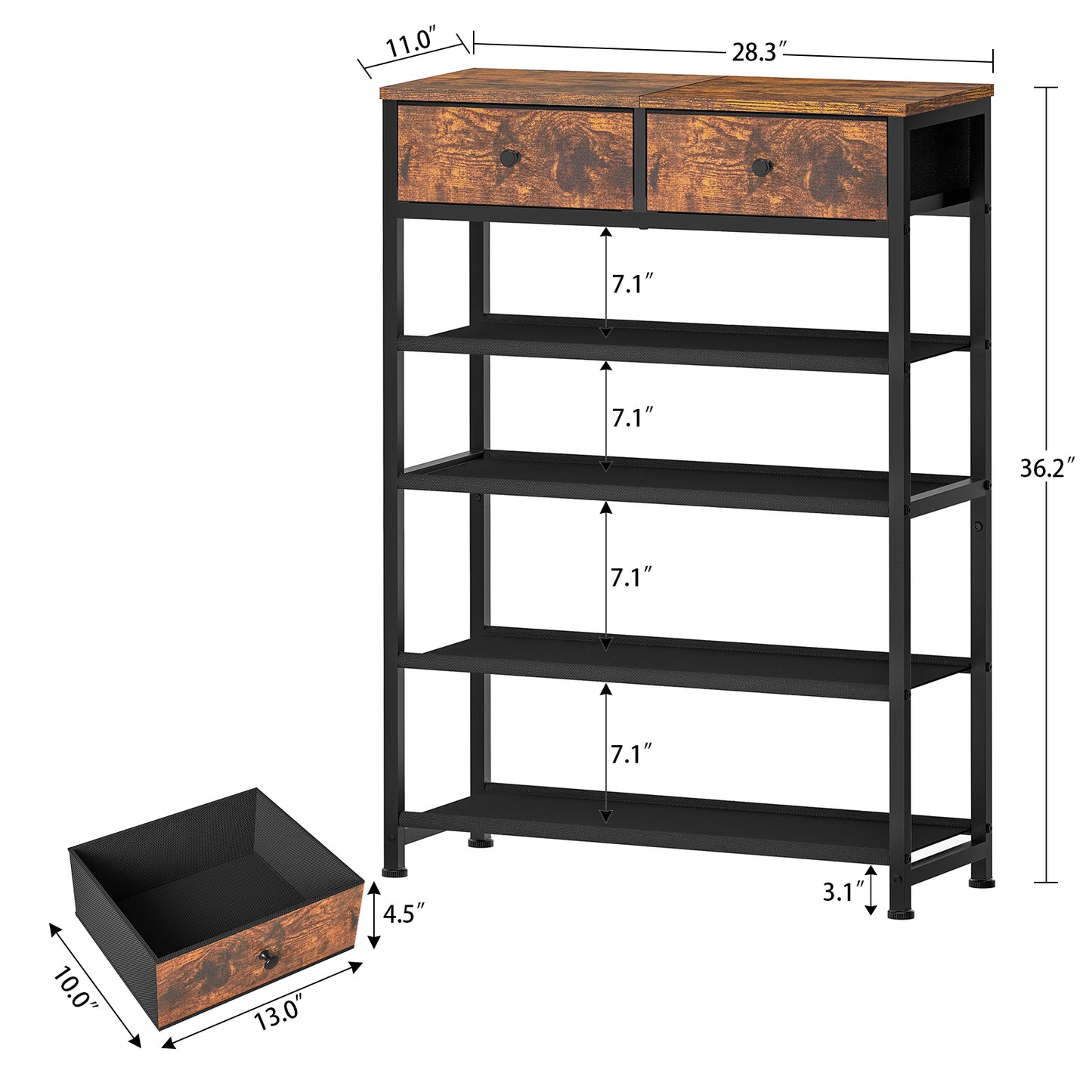 USIKEY Shoe Rack, 5 Tier Shoe Storage Organizer with 2 Drawers, Metal Shoe Shelf for 12-16 Pairs of Shoes, with 4 Fabric Shelves and Wooden Top