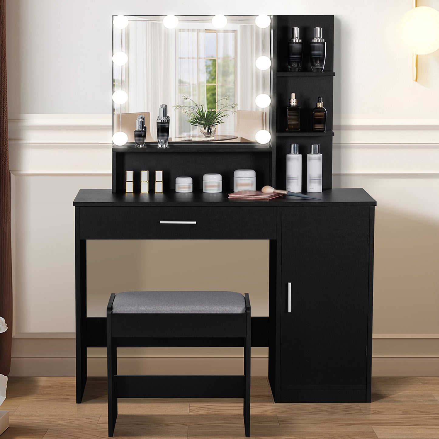 USIKEY Makeup Vanity Desk Set with 1 Drawer, 1 Cabinet & 3 Shelves, Makeup Vanity Table with Stool for Bedroom, 3 Lighting Modes