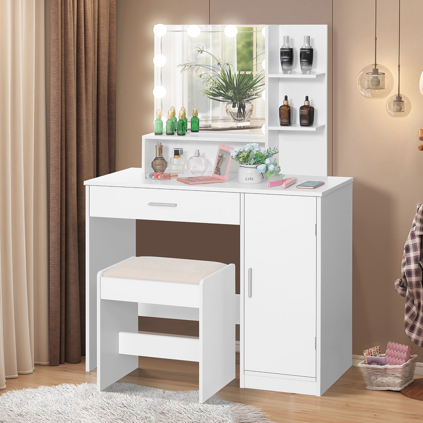 usikey Makeup Vanity Desk for Christmas, Vanity Desk Set with 1 Drawer, 1 Cabinet & 3 Shelves, Makeup Vanity Table with Stool for Bedroom, 3 Lighting Modes & Brightness Adjustable