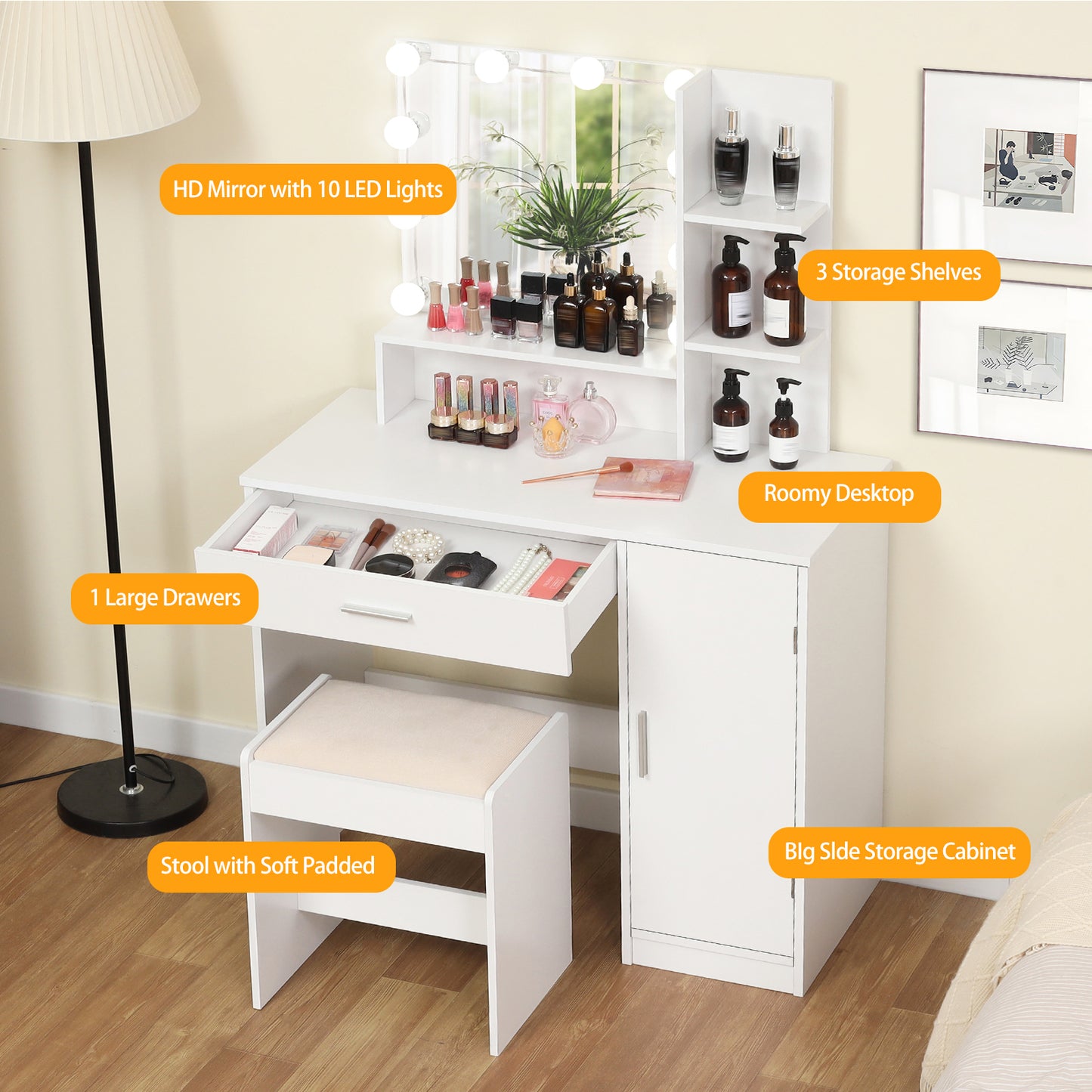 USIKEY Makeup Vanity Desk Set with 1 Drawer, 1 Cabinet & 3 Shelves, Makeup Vanity Table with Stool for Bedroom, 3 Lighting Modes