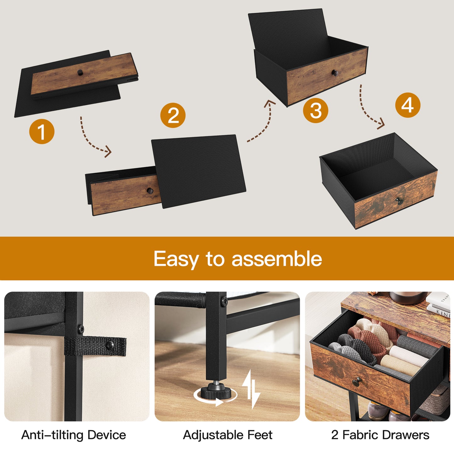 USIKEY Shoe Rack, 5 Tier Shoe Storage Organizer with 2 Drawers, Metal Shoe Shelf for 12-16 Pairs of Shoes, with 4 Fabric Shelves and Wooden Top