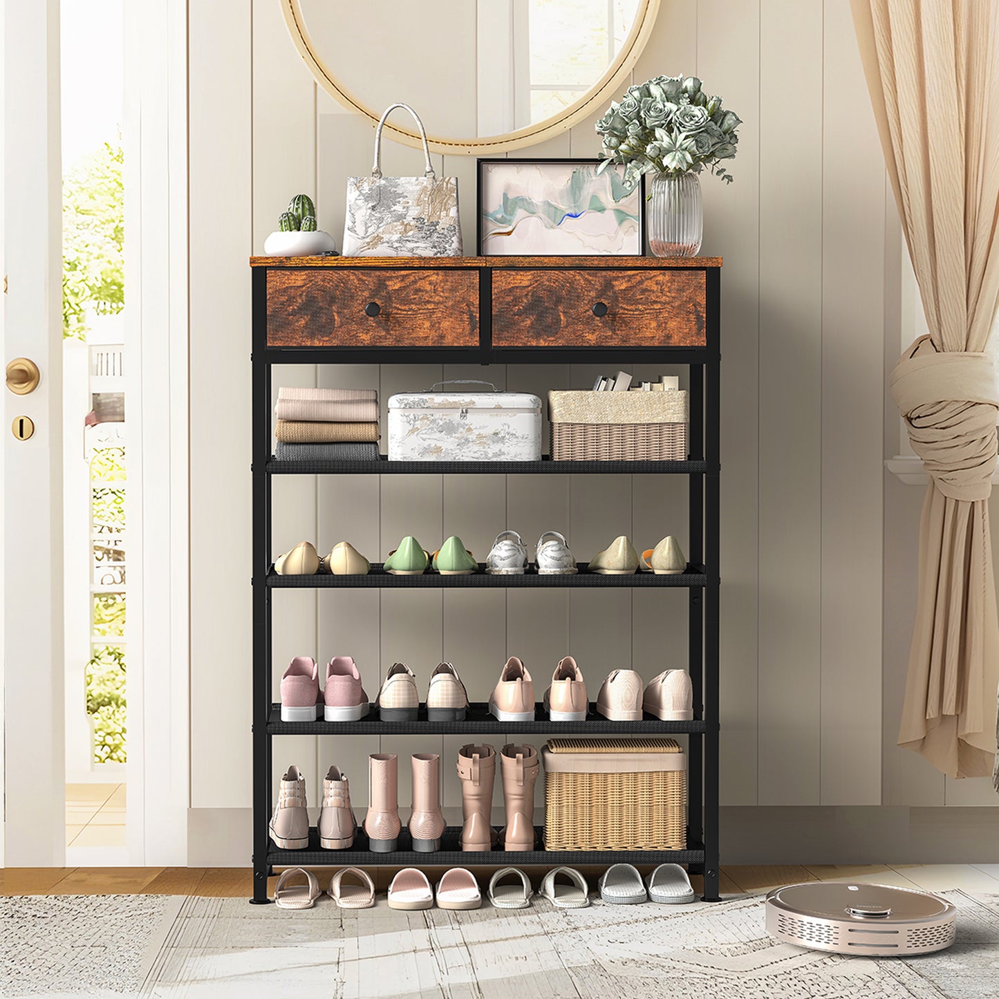 USIKEY Shoe Rack, 5 Tier Shoe Storage Organizer with 2 Drawers, Metal Shoe Shelf for 12-16 Pairs of Shoes, with 4 Fabric Shelves and Wooden Top