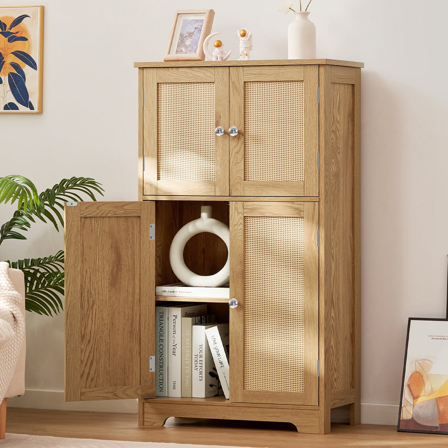 USIKEY Storage Cabinet, Bathroom Cabinet with 4 Doors & Adjustable Shelf, Bathroom Floor Cabinet for Living Room, Entryway, Home Office