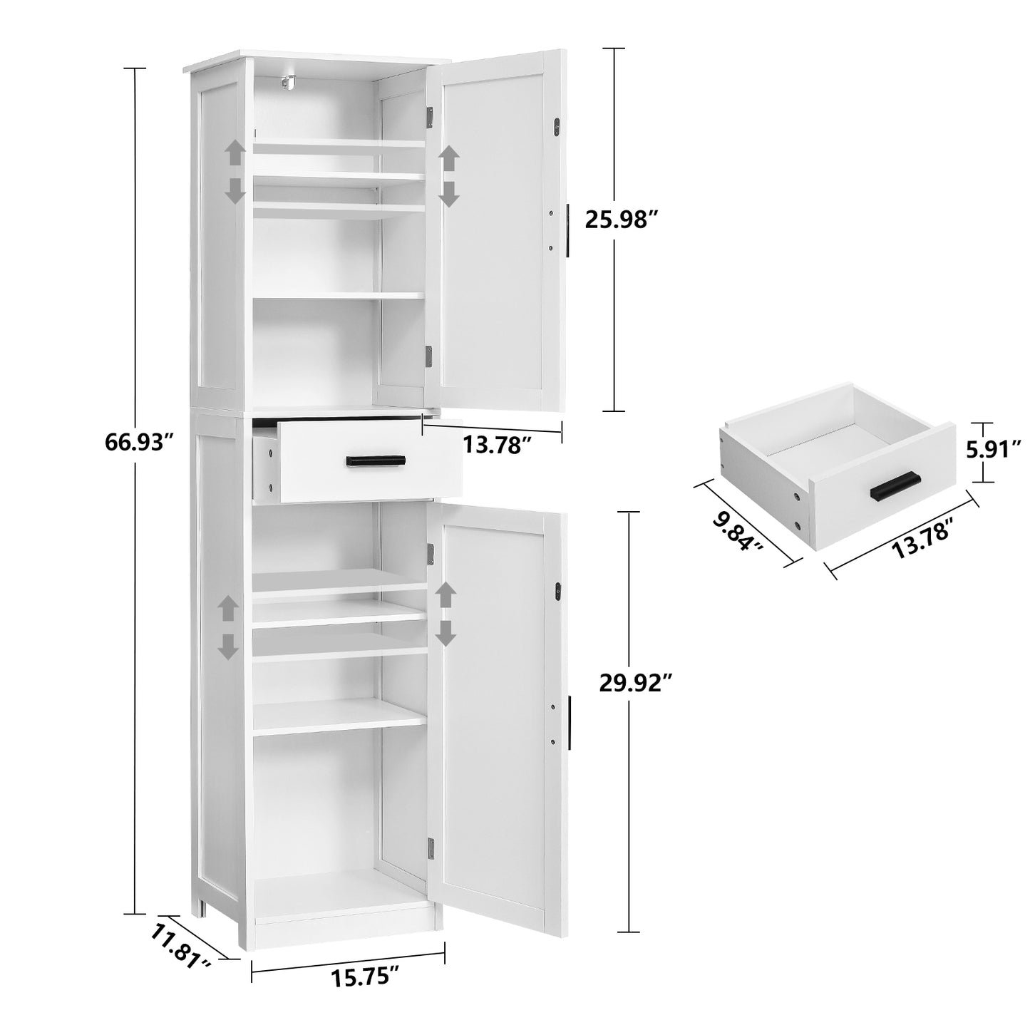 usikey 67“ Tall Bathroom Cabinet, Storage Cabinet with 4 Shelves & 2 Doors, Narrow Storage Cabinet for Bathroom, Living Room, Home Office, White