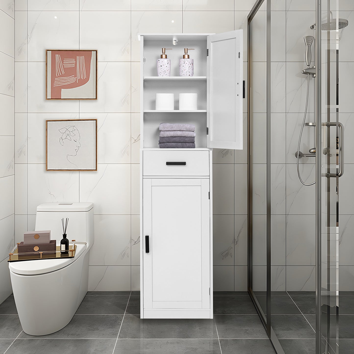 usikey 67“ Tall Bathroom Cabinet, Storage Cabinet with 4 Shelves & 2 Doors, Narrow Storage Cabinet for Bathroom, Living Room, Home Office, White