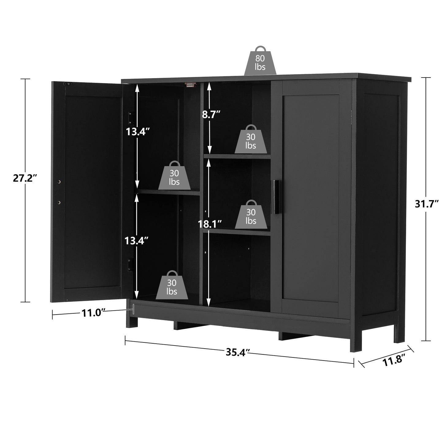 USIKEY Storage Cabinet with 2 Doors and 4 Adjustable Shelves, Buffet Cabinet with Storage, Floor Cabinet for Living Room, Entryway, Kitchen