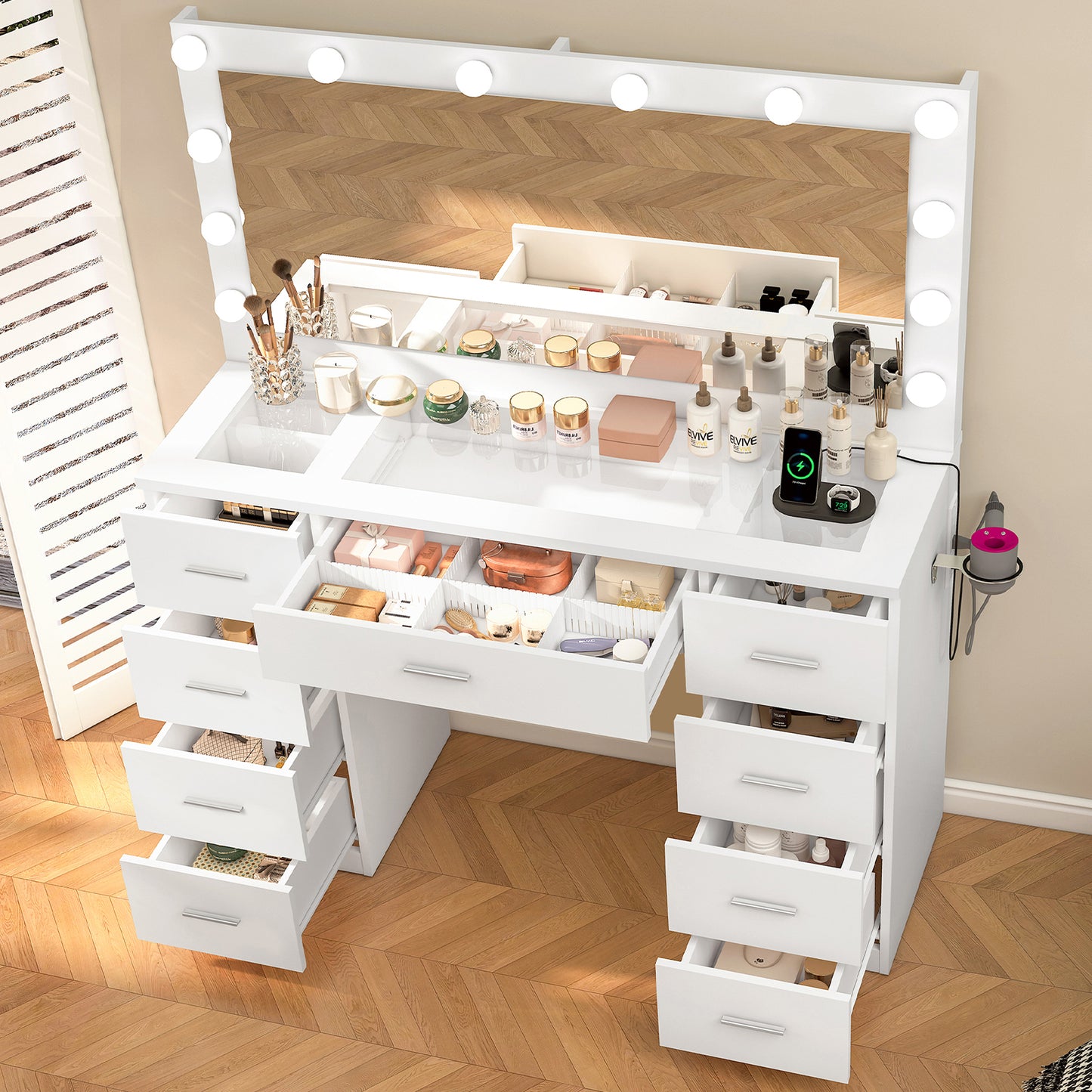 Vanity Desk with Large Lighted Mirror and Power Outlet, 46" Makeup Vanity with 9 Drawers and Glass Desktop, Vanity Table with 12 LED Lights, 3 Lighting Color Adjustable (White)