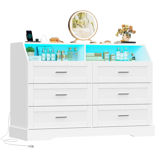 White Dresser for Bedroom, 6 Drawer Dresser with Charging Station & LED Lights, Dressers & Chests of Drawers, Dresser TV Stand for Bedroom, White