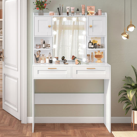 usikey Vanity Desk with Mirror and Lights, Makeup Vanity Table with 2 Drawers, 2 Cabinets & 2 Shelves, Vanity Desk, Vanity Table for Girls Women, Bedroom