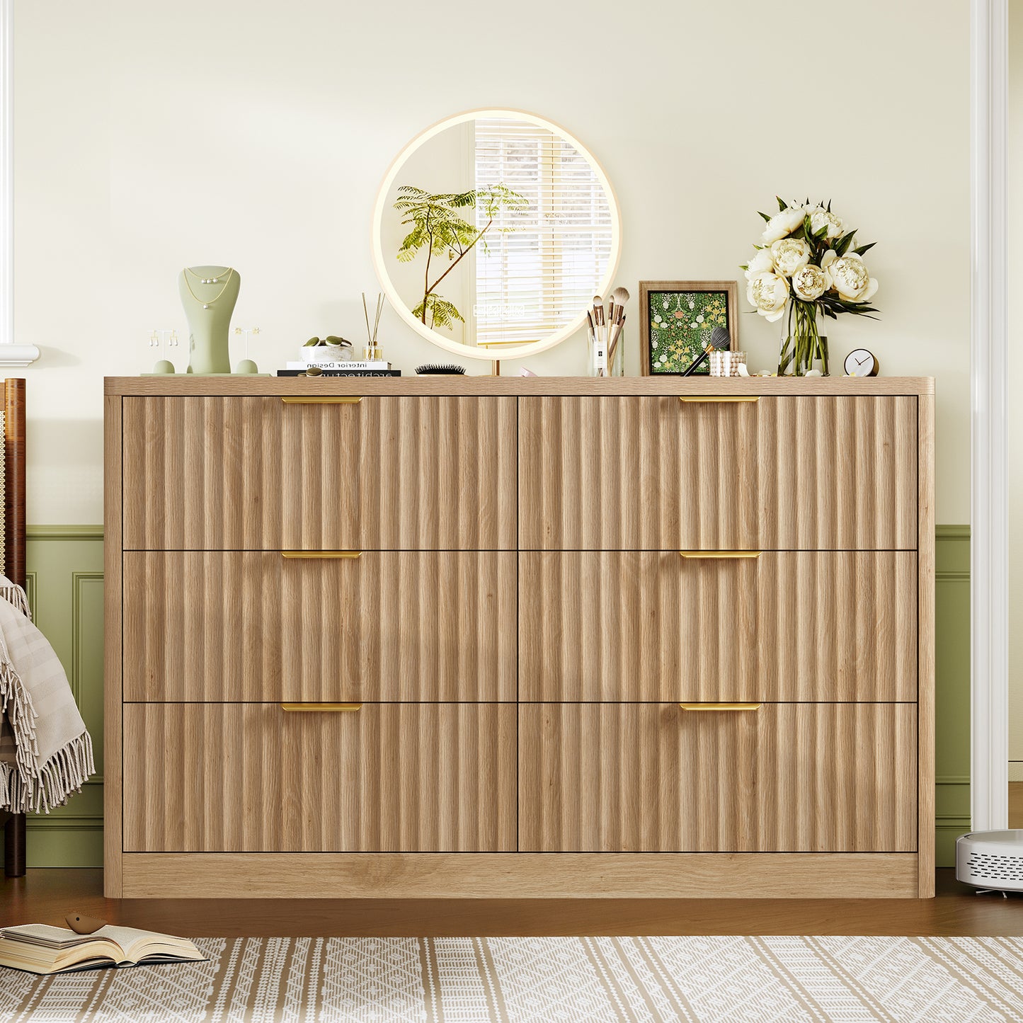 USIKEY 47.3''Wide Fluted 6 Drawer Dresser for Bedroom,  Modern Chest of Drawers, Wood Closet Clothes Organizer for Bedroom, Hallway, Natural