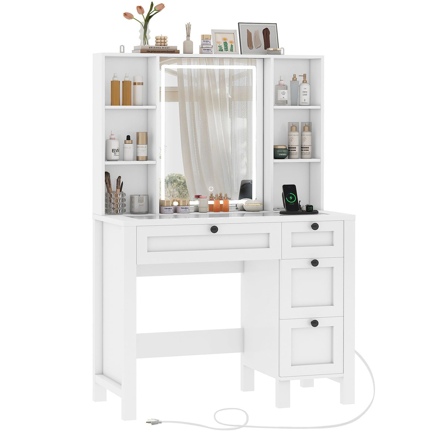 Vanity Desk, Makeup Vanity with Glass Tabletop & Power Outlet, Vanity Desk with Mirror and Lights, Makeup Vanity Desk with 4 Drawers & 6 Shelves, Vanity Set for Bedroom, Antique White