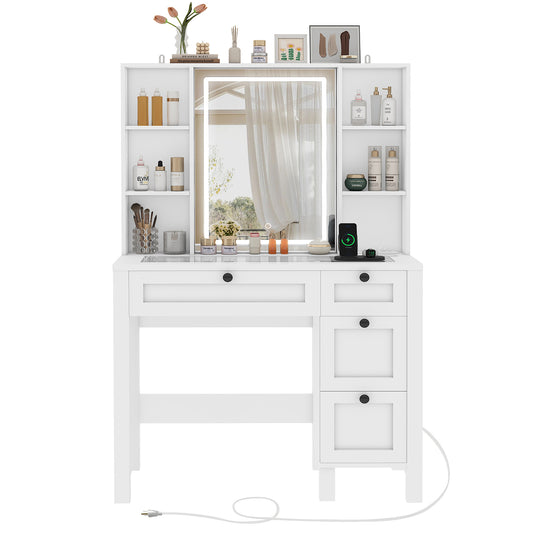 Vanity Desk, Makeup Vanity with Glass Tabletop & Power Outlet, Vanity Desk with Mirror and Lights, Makeup Vanity Desk with 4 Drawers & 6 Shelves, Vanity Set for Bedroom, Antique White