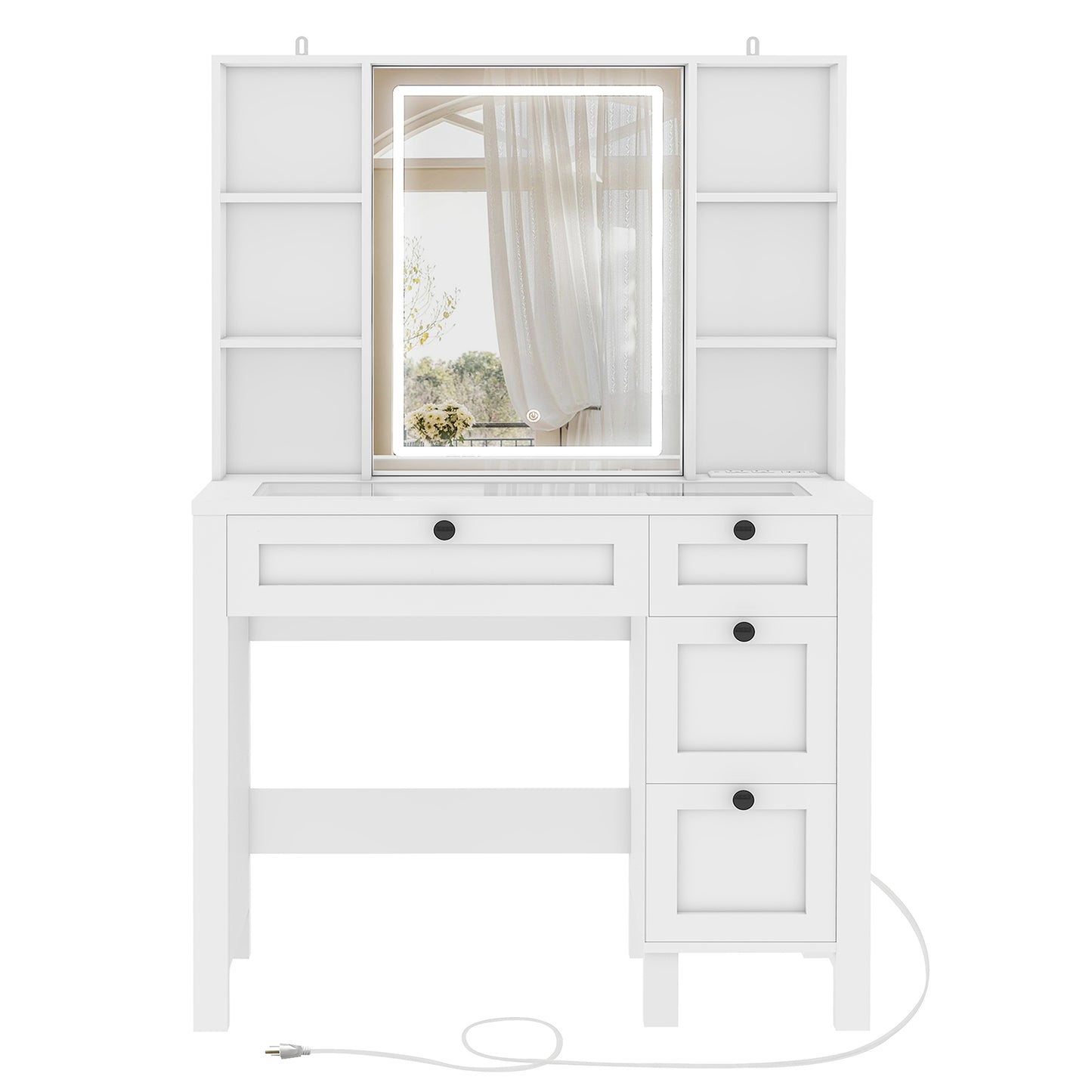 Vanity Desk, Makeup Vanity with Glass Tabletop & Power Outlet, Vanity Desk with Mirror and Lights, Makeup Vanity Desk with 4 Drawers & 6 Shelves, Vanity Set for Bedroom, Antique White