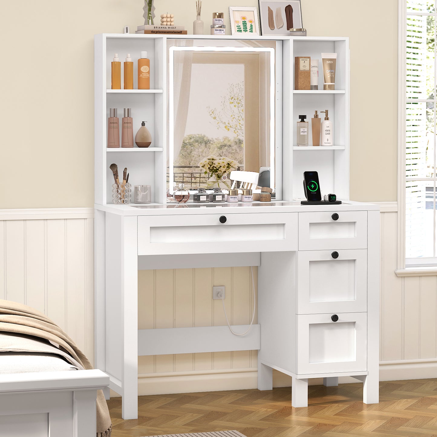 Vanity Desk, Makeup Vanity with Glass Tabletop & Power Outlet, Vanity Desk with Mirror and Lights, Makeup Vanity Desk with 4 Drawers & 6 Shelves, Vanity Set for Bedroom, Antique White