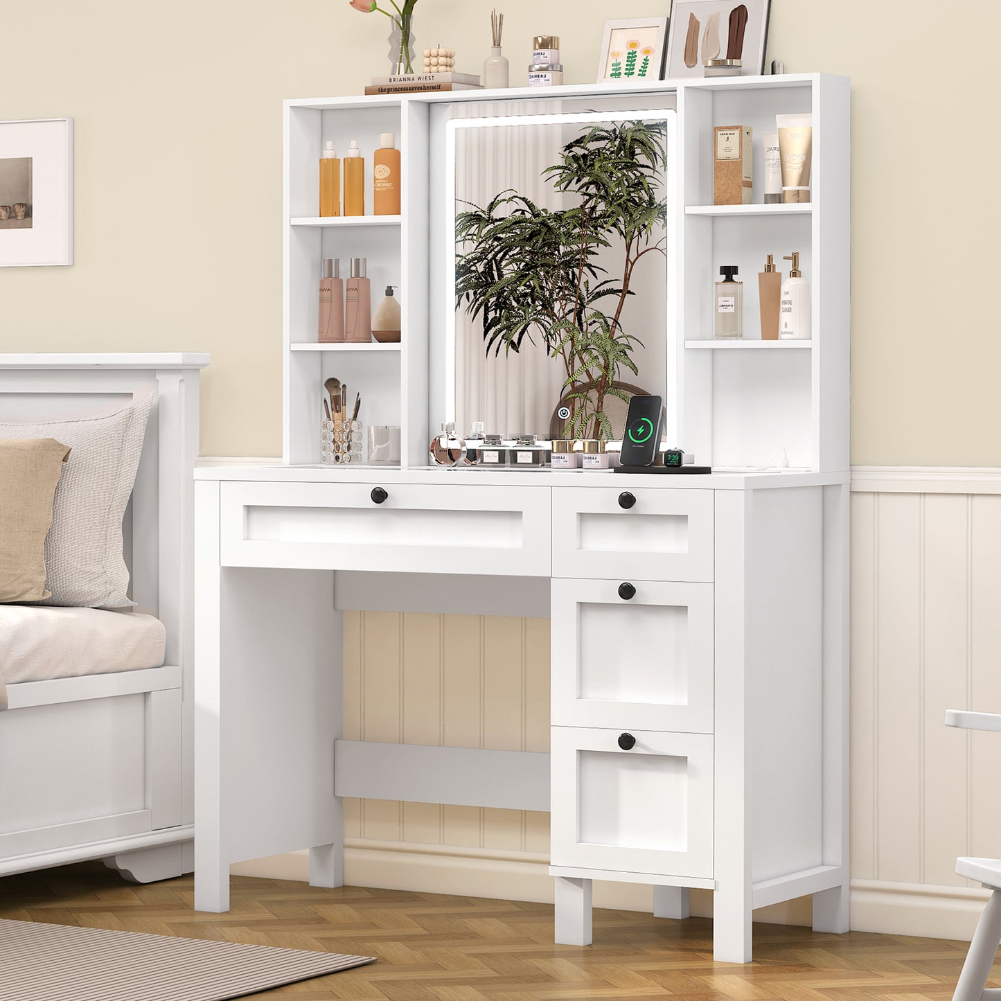 Vanity Desk, Makeup Vanity with Glass Tabletop & Power Outlet, Vanity Desk with Mirror and Lights, Makeup Vanity Desk with 4 Drawers & 6 Shelves, Vanity Set for Bedroom, Antique White