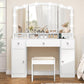 Vanity Desk with Triple Folding Mirror, Makeup Vanity with Power Outlet, Vanity Desk with 10 Lights, 3 Drawers & 2 Cabinets, Makeup Vanity Table with Soft Cushioned Stool for Women, Bedroom, White