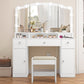 Vanity Desk with Triple Folding Mirror, Makeup Vanity with Power Outlet, Vanity Desk with 10 Lights, 3 Drawers & 2 Cabinets, Makeup Vanity Table with Soft Cushioned Stool for Women, Bedroom, White