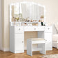 Vanity Desk with Triple Folding Mirror, Makeup Vanity with Power Outlet, Vanity Desk with 10 Lights, 3 Drawers & 2 Cabinets, Makeup Vanity Table with Soft Cushioned Stool for Women, Bedroom, White