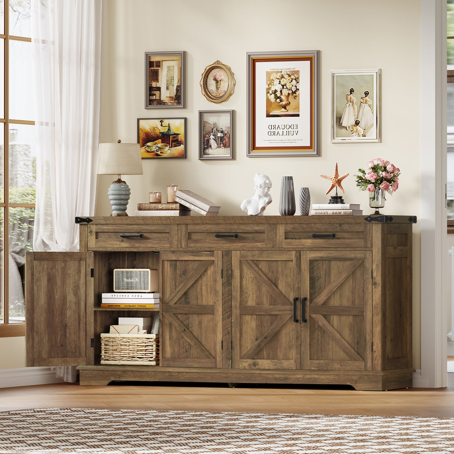 USIKEY Buffet Cabinet, 63” Large Sideboard Buffet Storage Cabinet with 3 Drawers, Farmhouse Coffee Bar with 4 Doors for Kitchen, Living Room