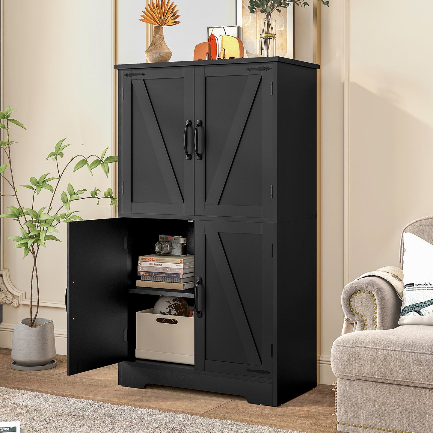 USIKEY Farmhouse Storage Cabinet with 2 Adjustable Shelves, Bathroom Cabinet with 4 Doors, Kitchen Cabinets, Cupboard for Kitchen, Living Room