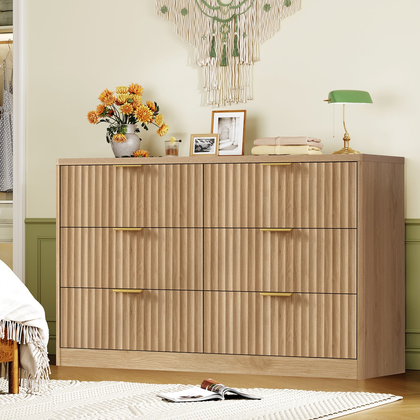 USIKEY 47.3''Wide Fluted 6 Drawer Dresser for Bedroom,  Modern Chest of Drawers, Wood Closet Clothes Organizer for Bedroom, Hallway, Natural