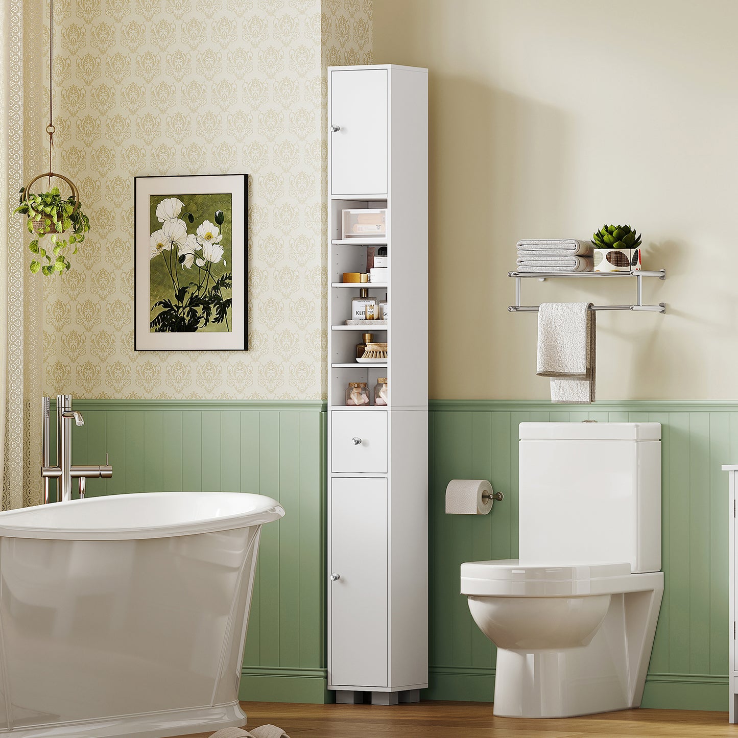 USIKEY Narrow Bathroom Storage Cabinet with Adjustable Shelves & Drawer, 71" H Tall Bathroom Cabinet, Slim Storage Cabinet for Small Spaces, White