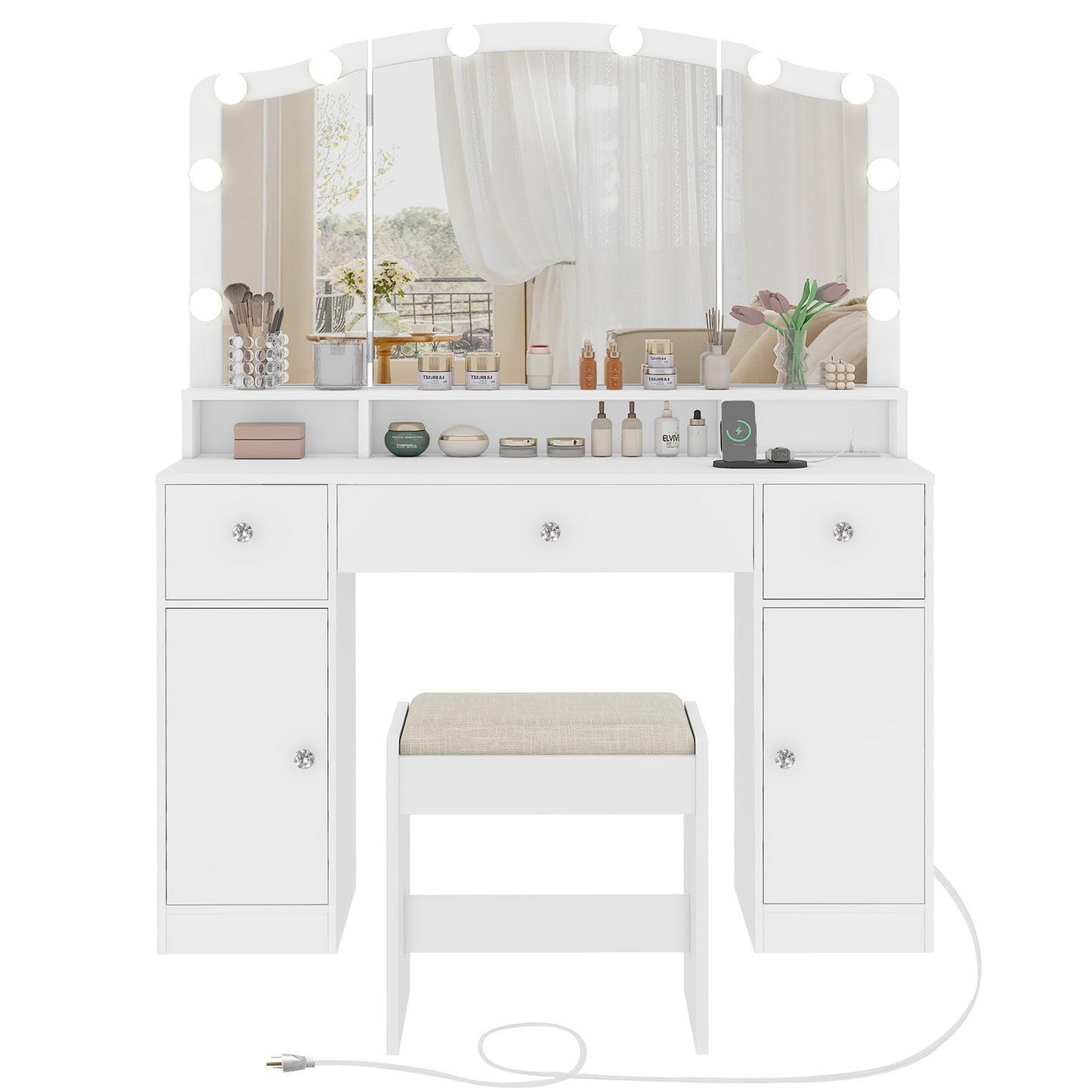 Vanity Desk with Triple Folding Mirror, Makeup Vanity with Power Outlet, Vanity Desk with 10 Lights, 3 Drawers & 2 Cabinets, Makeup Vanity Table with Soft Cushioned Stool for Women, Bedroom, White