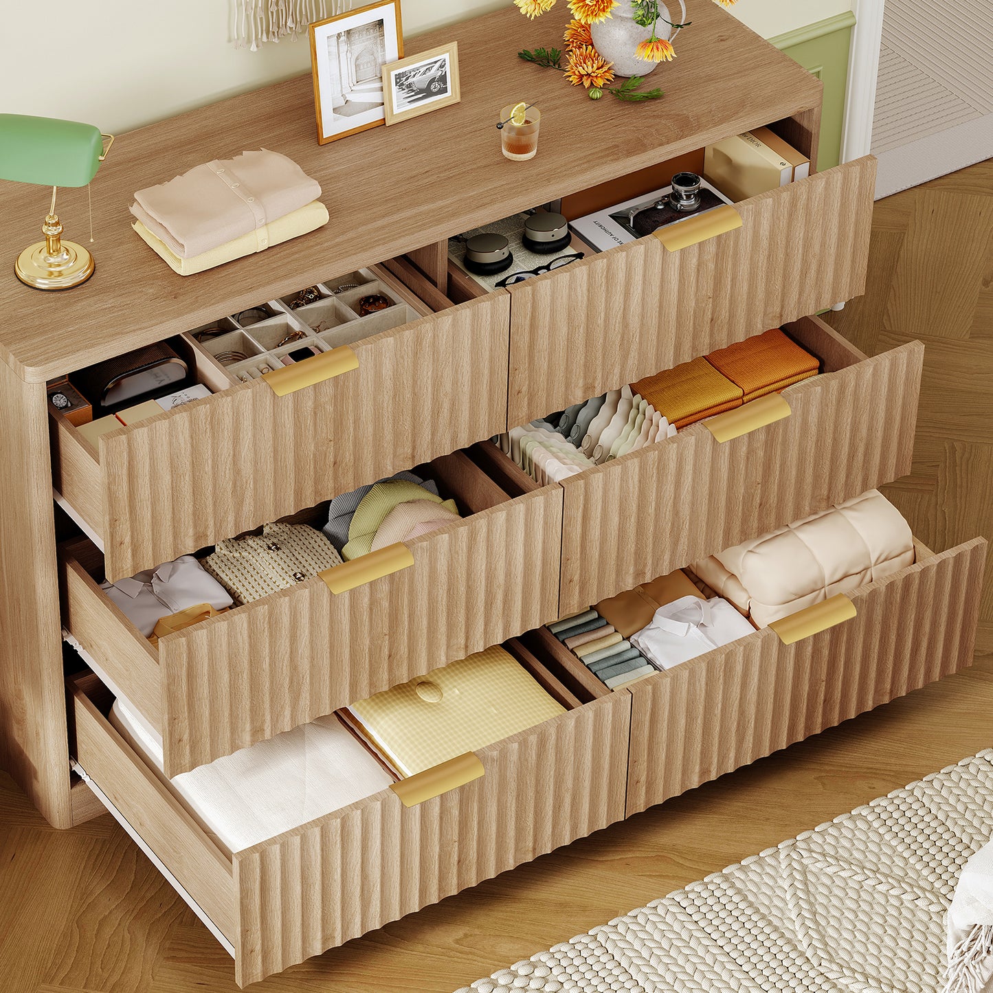 USIKEY 47.3''Wide Fluted 6 Drawer Dresser for Bedroom,  Modern Chest of Drawers, Wood Closet Clothes Organizer for Bedroom, Hallway, Natural