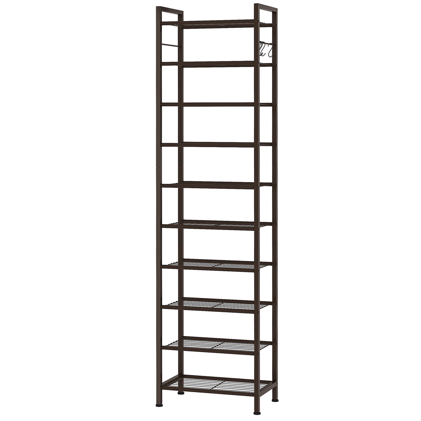 USIKEY 10 Tiers Narrow Shoe Rack 20-30 Pairs, Sturdy Metal Tall Shoe Rack Shelf with 4 Hooks, Slim Shoe Storage Organizer with Metal Shelf, Space Saving Vertical Shoe Rack for Entryway, Closets