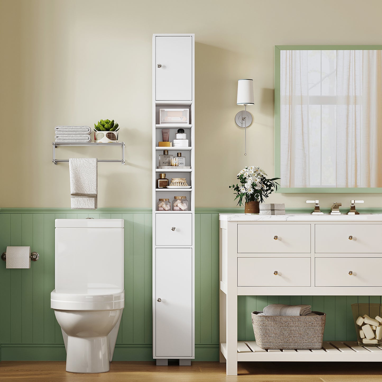 USIKEY Narrow Bathroom Storage Cabinet with Adjustable Shelves & Drawer, 71" H Tall Bathroom Cabinet, Slim Storage Cabinet for Small Spaces, White