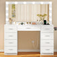 Vanity Desk with Large Lighted Mirror and Power Outlet, 46" Makeup Vanity with 9 Drawers and Glass Desktop, Vanity Table with 12 LED Lights, 3 Lighting Color Adjustable (White)