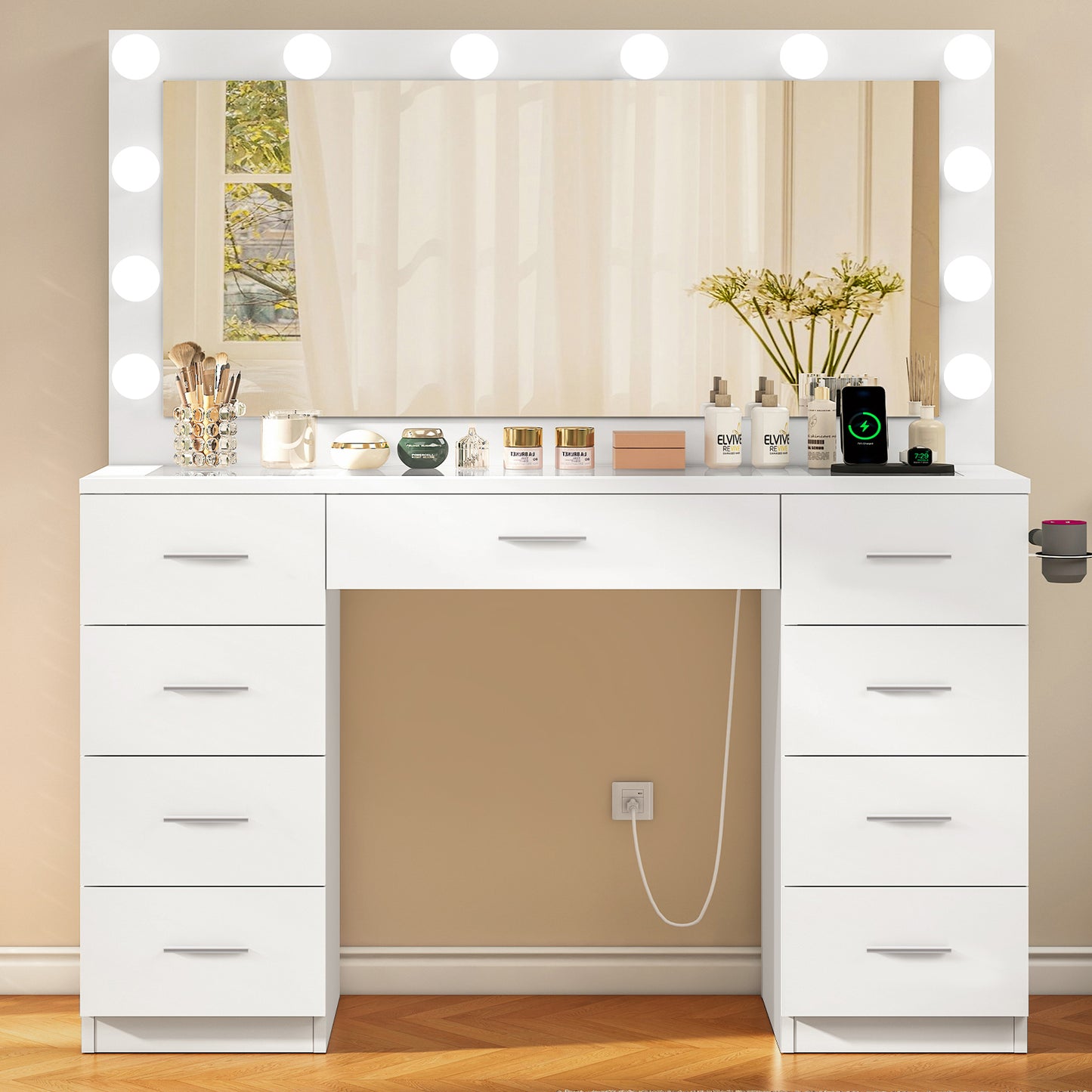 Vanity Desk with Large Lighted Mirror and Power Outlet, 46" Makeup Vanity with 9 Drawers and Glass Desktop, Vanity Table with 12 LED Lights, 3 Lighting Color Adjustable (White)