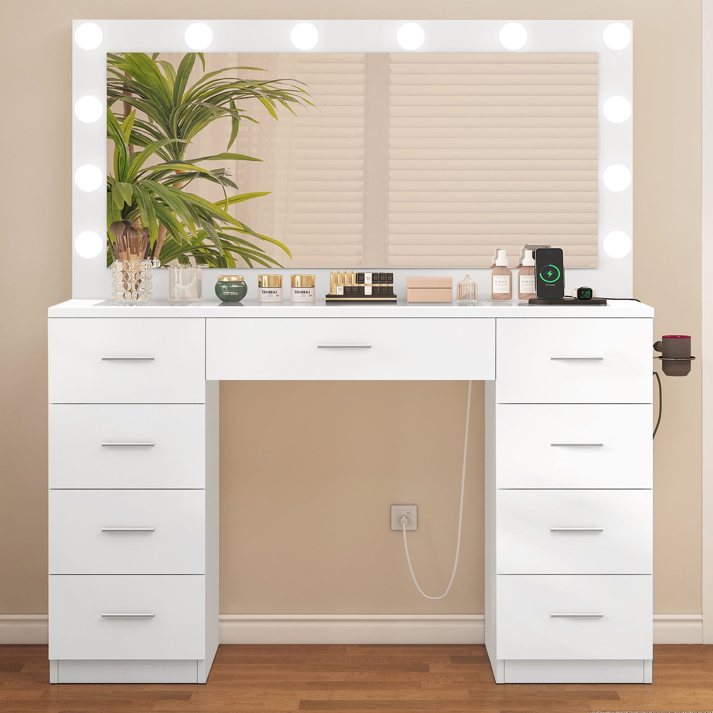 Vanity Desk with Large Lighted Mirror and Power Outlet, 46" Makeup Vanity with 9 Drawers and Glass Desktop, Vanity Table with 12 LED Lights, 3 Lighting Color Adjustable (White)