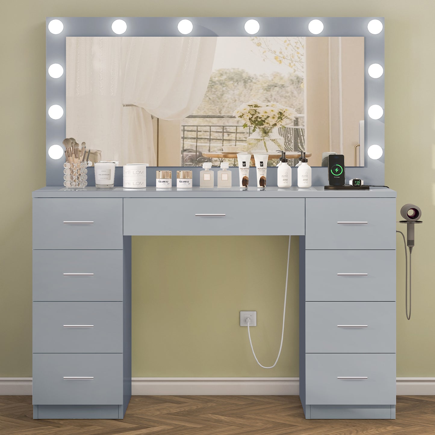 Vanity Desk with Large Lighted Mirror and Power Outlet, 46" Makeup Vanity with 9 Drawers and Glass Desktop, Vanity Table with 12 LED Lights, 3 Lighting Color Adjustable (White)