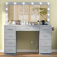 Vanity Desk with Large Lighted Mirror and Power Outlet, 46" Makeup Vanity with 9 Drawers and Glass Desktop, Vanity Table with 12 LED Lights, 3 Lighting Color Adjustable (White)