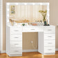 Vanity Desk with Large Lighted Mirror and Power Outlet, 46" Makeup Vanity with 9 Drawers and Glass Desktop, Vanity Table with 12 LED Lights, 3 Lighting Color Adjustable (White)