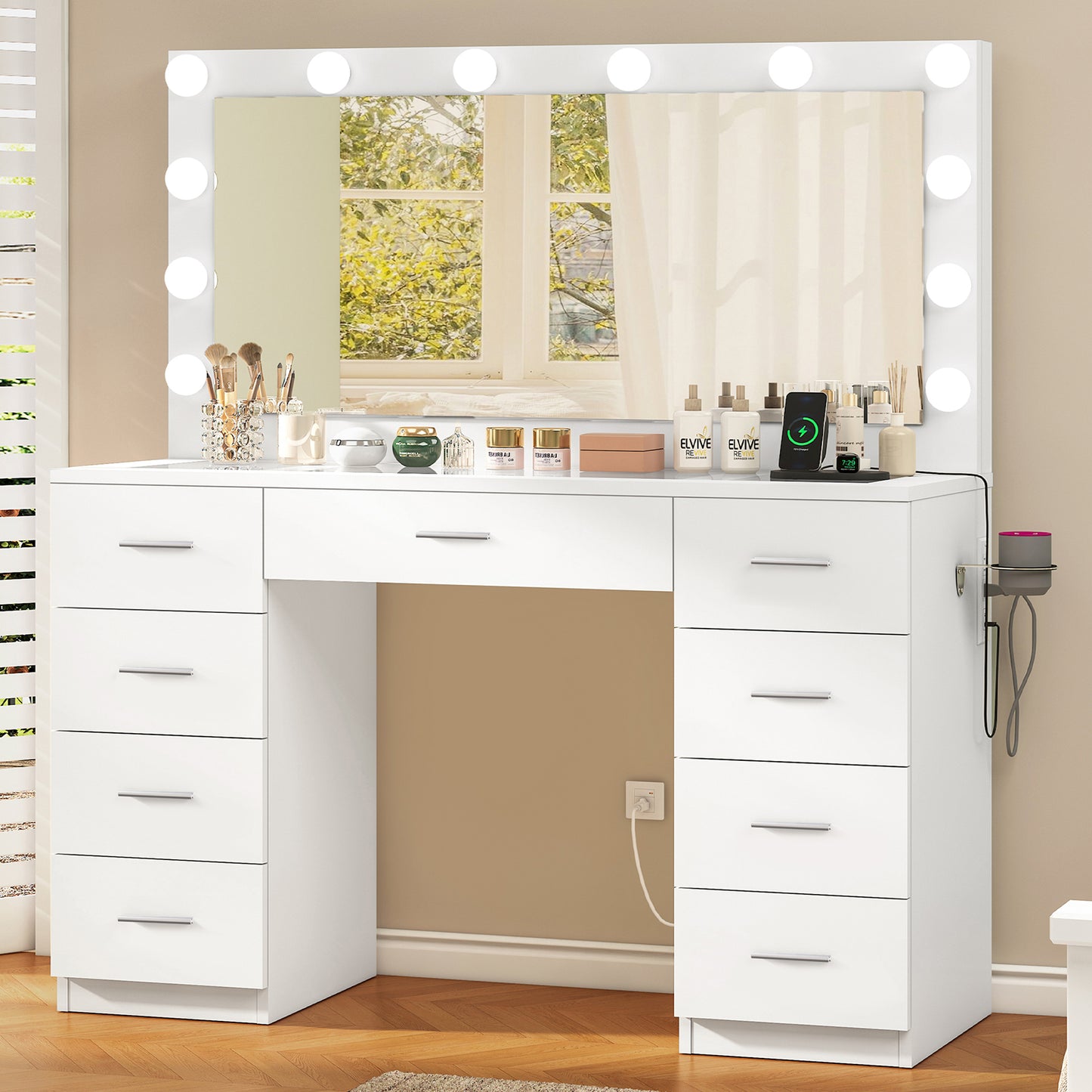 Vanity Desk with Large Lighted Mirror and Power Outlet, 46" Makeup Vanity with 9 Drawers and Glass Desktop, Vanity Table with 12 LED Lights, 3 Lighting Color Adjustable (White)