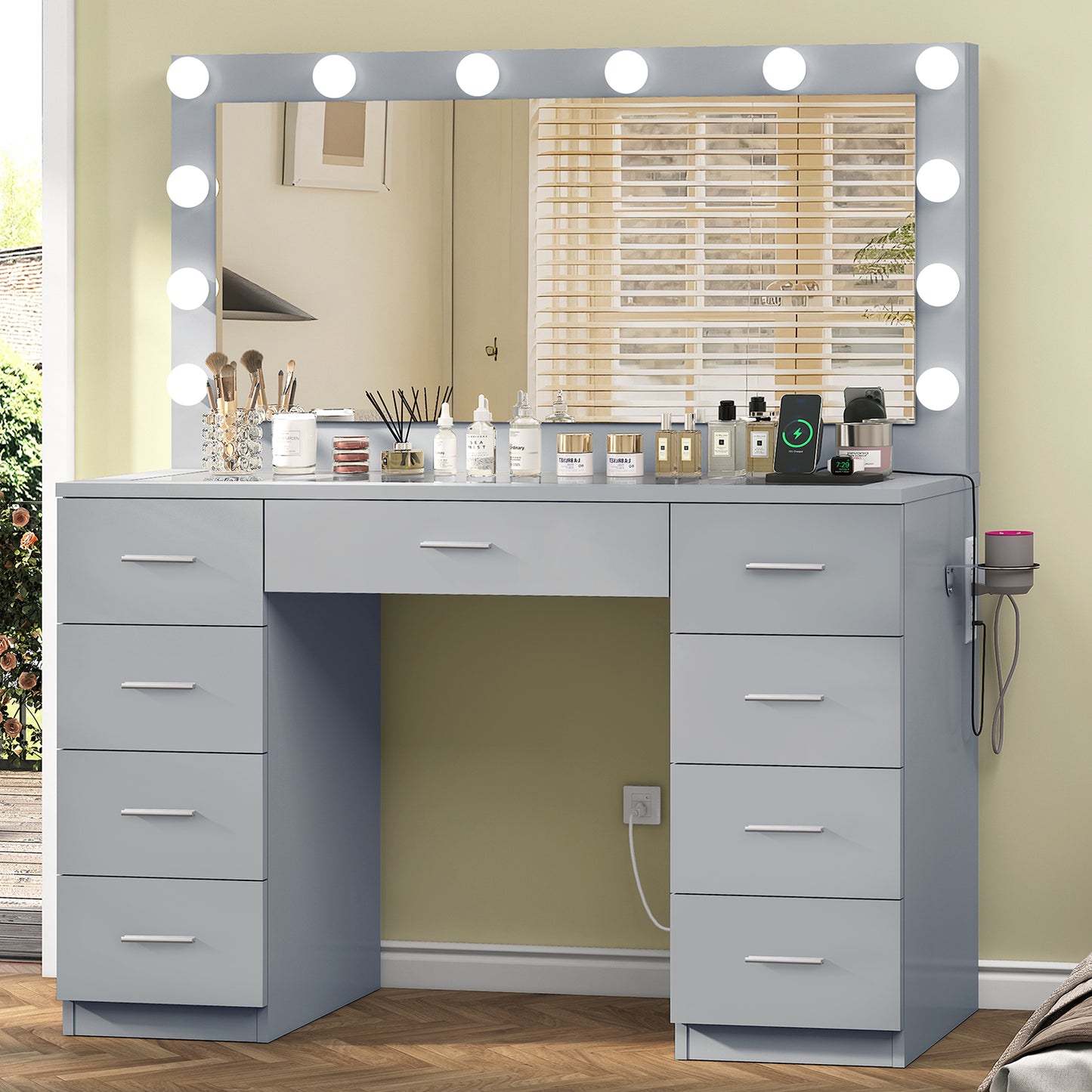 Vanity Desk with Large Lighted Mirror and Power Outlet, 46" Makeup Vanity with 9 Drawers and Glass Desktop, Vanity Table with 12 LED Lights, 3 Lighting Color Adjustable (White)