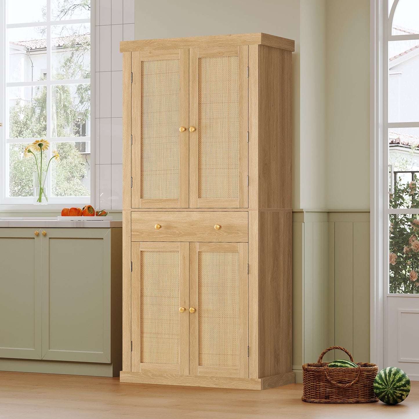 usikey 72?¡À Kitchen Pantry Cabinet, Tall Storage Cabinet with 4 Doors and 1 Drawer, Freestanding Cupboard with 6 Hanging Shelves and Adjustable Shelves for Kitchen, Dining Room,Living Room