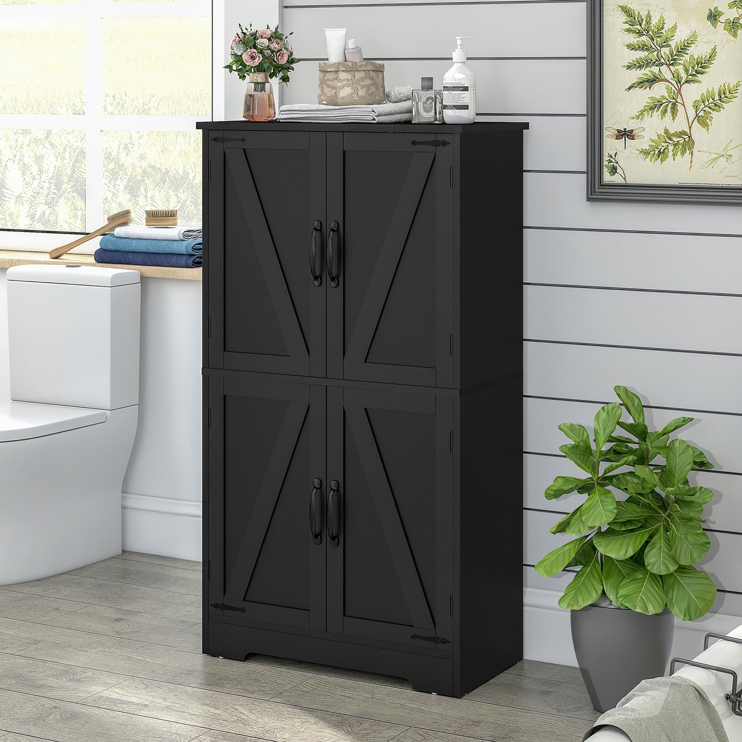 USIKEY Farmhouse Storage Cabinet with 2 Adjustable Shelves, Bathroom Cabinet with 4 Doors, Kitchen Cabinets, Cupboard for Kitchen, Living Room