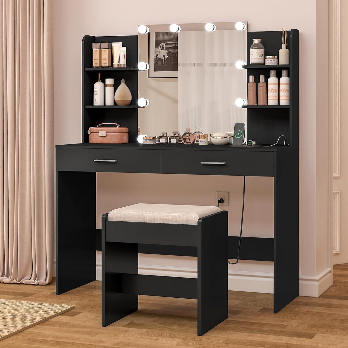 Vanity Desk, Makeup Vanity Desk with Mirror & Lights, Vanity Desk with 2 Drawers & 6 Storage Shelves, Dressing Table with Power Outlet, for Women Girls, Bedroom