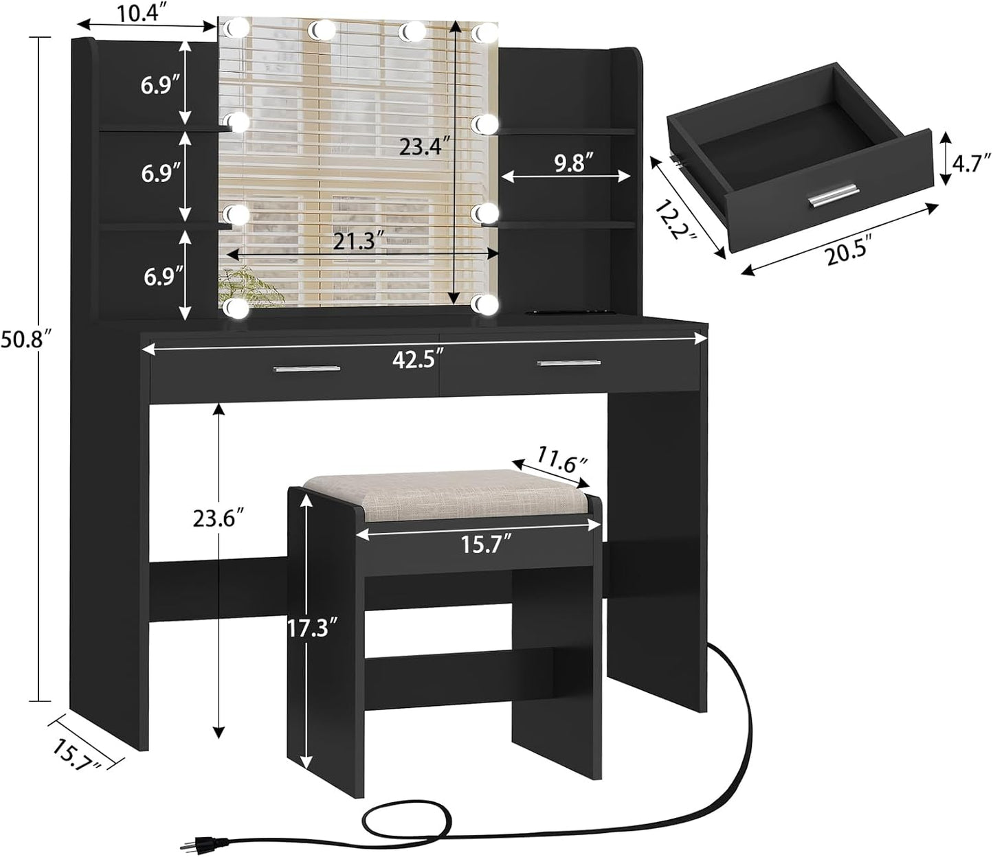 Vanity Desk, Makeup Vanity Desk with Mirror & Lights, Vanity Desk with 2 Drawers & 6 Storage Shelves, Dressing Table with Power Outlet, for Women Girls, Bedroom