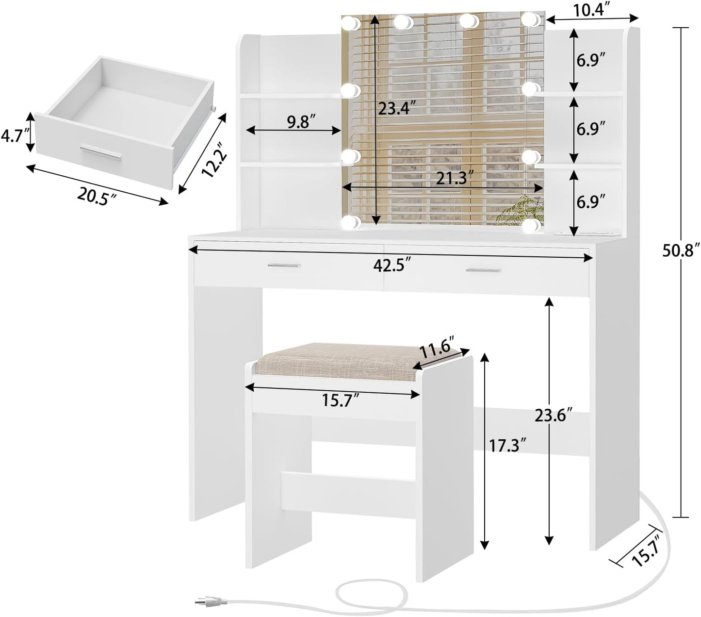 Vanity Desk, Makeup Vanity Desk with Mirror & Lights, Vanity Desk with 2 Drawers & 6 Storage Shelves, Dressing Table with Power Outlet, for Women Girls, Bedroom