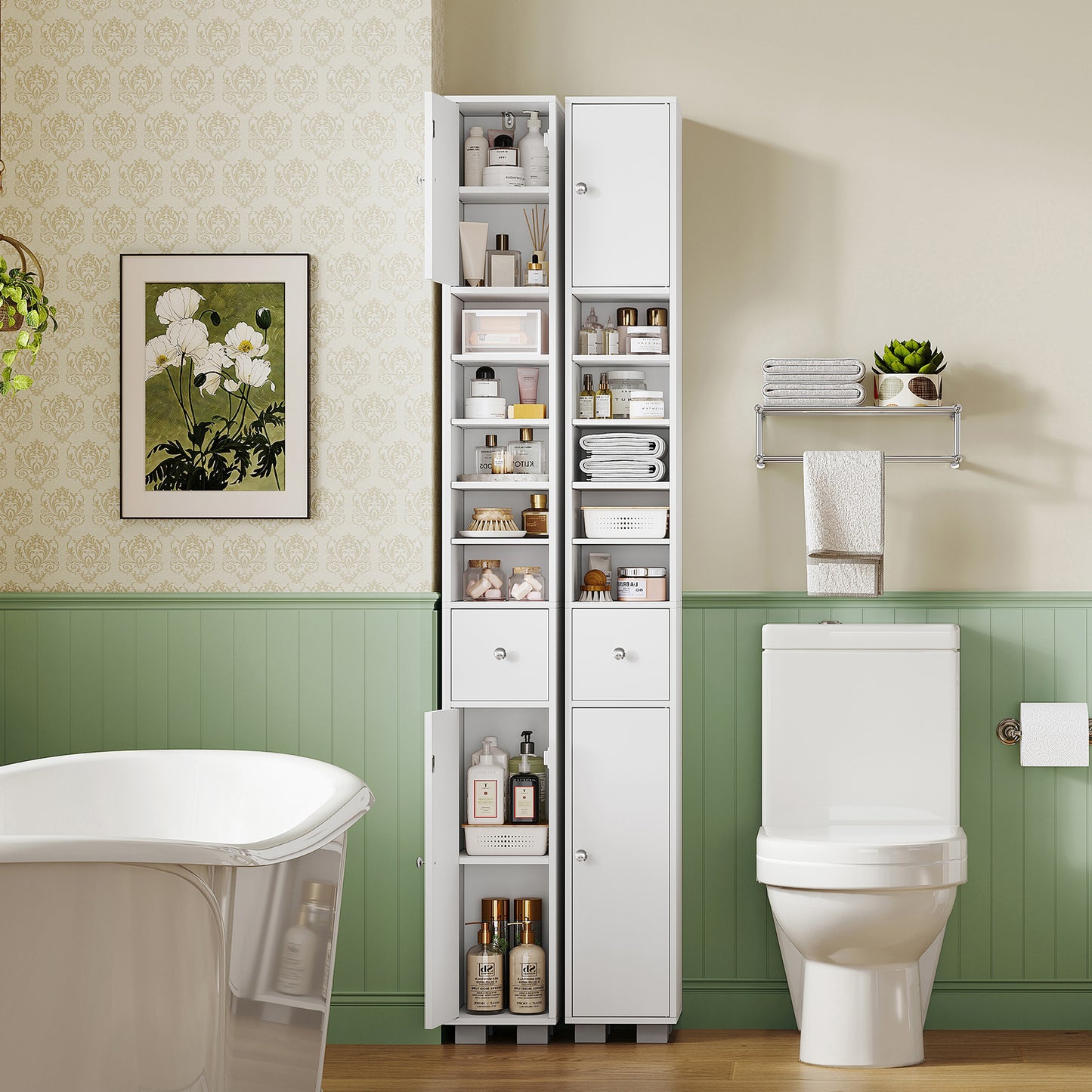USIKEY Narrow Bathroom Storage Cabinet with Adjustable Shelves & Drawer, 71" H Tall Bathroom Cabinet, Slim Storage Cabinet for Small Spaces, White