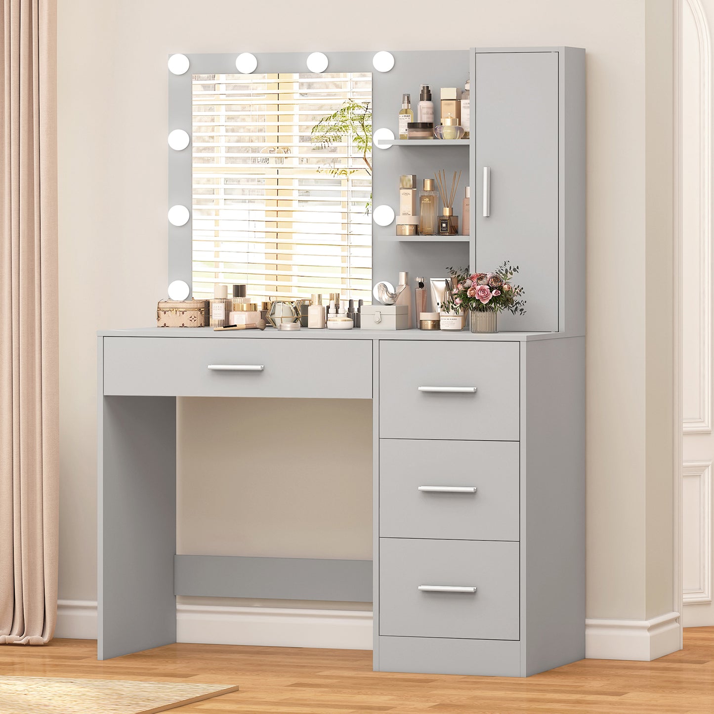 usikey Makeup Vanity with Lights, Vanity Desk with Mirror and 10 LED Lights, Vanity Table Set with 4 Drawers, Cabinet & 4 Necklace Hooks, Dressing Table for Bedroom, White